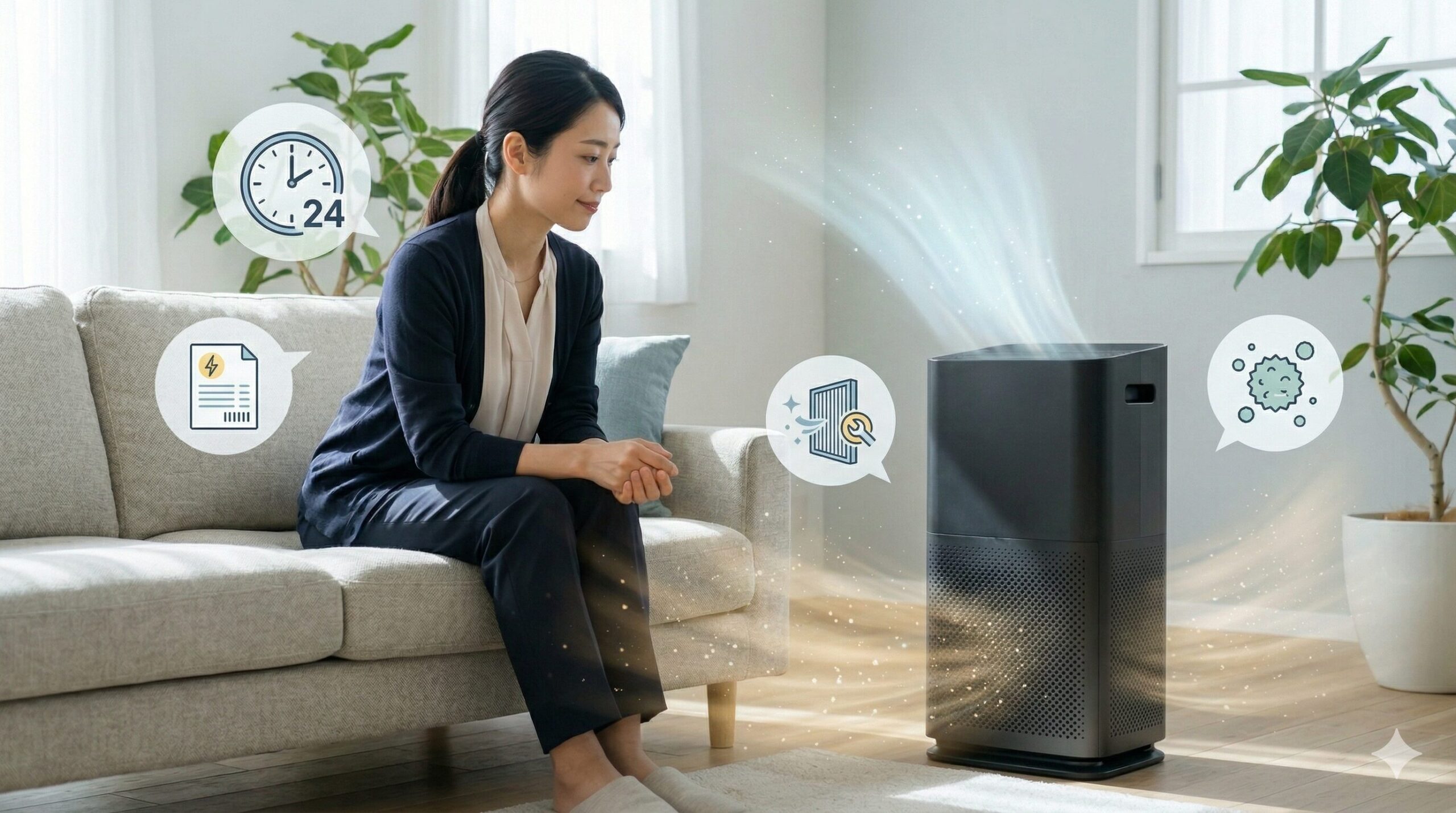 リビングで空気清浄機をいつ使うか考える日本人女性。24時間、電気代、メンテナンス、効果を視覚的に表現したアイキャッチ画像。