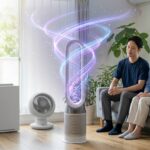 空気清浄機とサーキュレーターの機能を融合した洗練された一体型モデルを使用し、快適な空気環境を楽しむ日本人ファミリー。