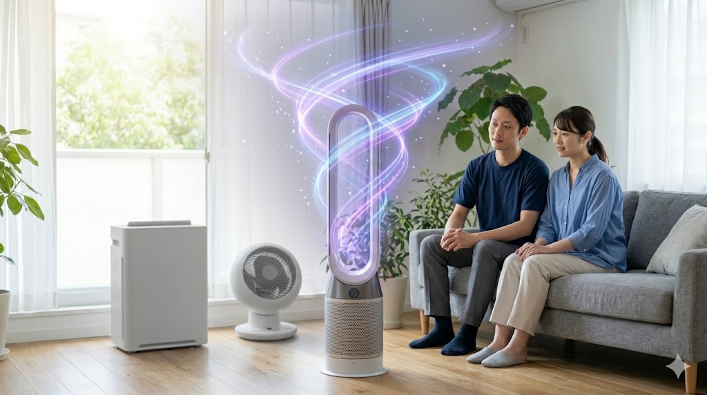 空気清浄機とサーキュレーターの機能を融合した洗練された一体型モデルを使用し、快適な空気環境を楽しむ日本人ファミリー。