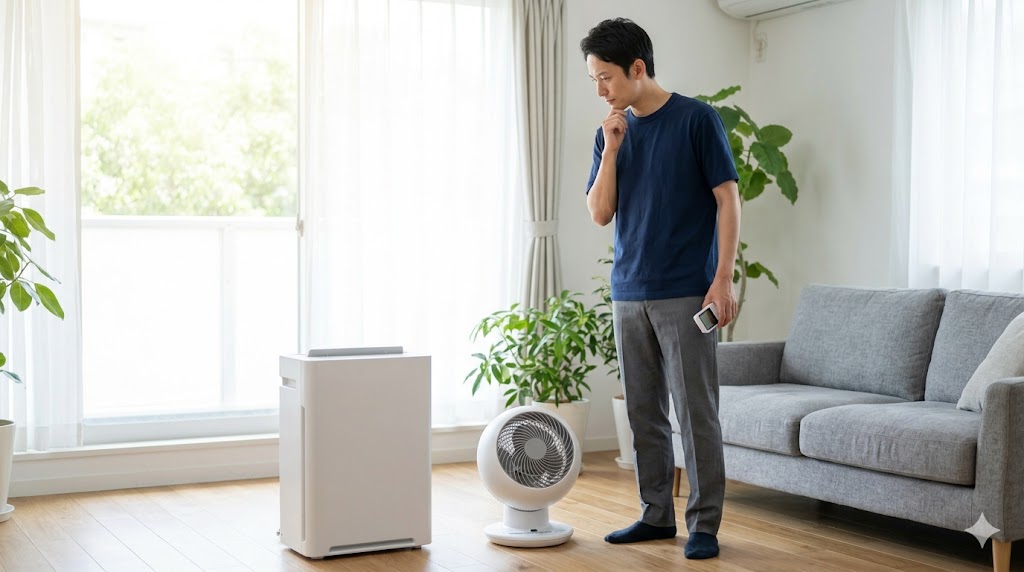 リビングルームで空気清浄機とサーキュレーターの機能を評価・検証する日本人男性。E-E-A-T向上のための実証的な雰囲気。