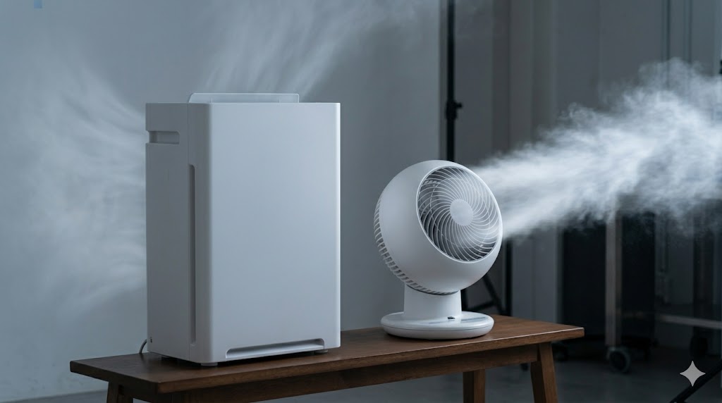 空気清浄機の拡散する送風と、サーキュレーターの直進的で強力な送風の性能差を視覚化。流体力学的な比較。