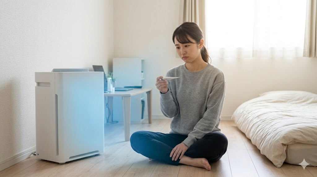 6畳の一人暮らしの部屋で、空気清浄機のみを使用する日本人女性。温度変化が限定的で、部屋全体が涼しくならない様子を表現。
