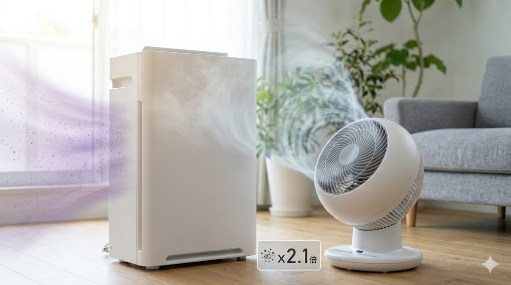 空気清浄機とサーキュレーターの併用により、集じんスピードが向上する様子を視覚化。効率的な気流連携。