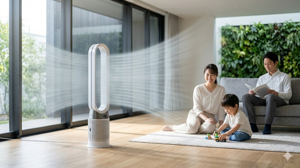 洗練されたリビングルームで、空気清浄機とサーキュレーターが一体化した高性能モデルを使用する日本人ファミリー。安全性と快適性の両立。