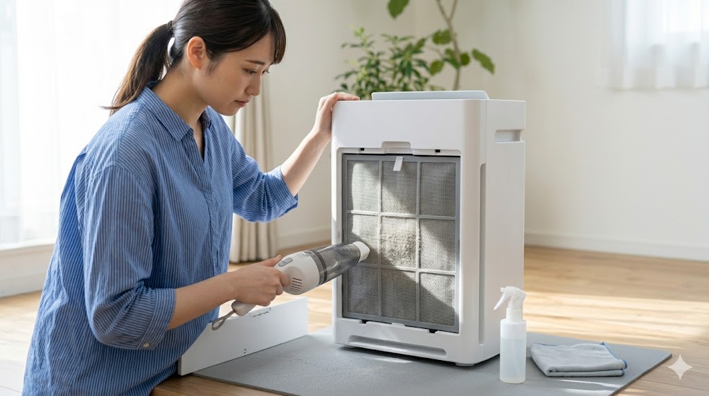 空気清浄機のプレフィルターを掃除機で清掃する日本人女性。メンテナンスによる集じん能力の維持を表現。