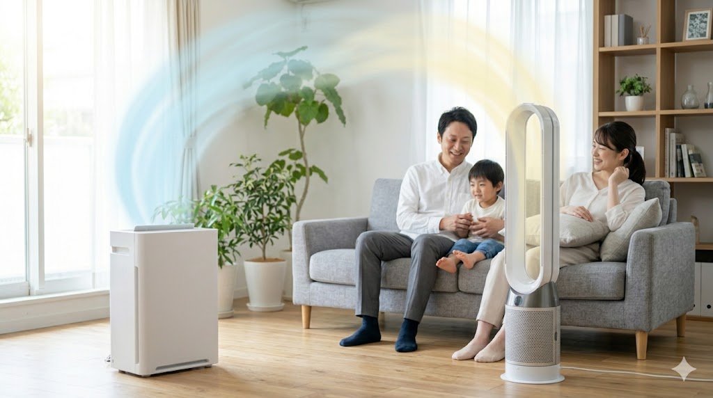 洗練されたリビングルームで、空気清浄機と一体型モデルの両方を運用し、快適な空気環境を楽しむ日本人ファミリー。併用・一体型戦略の総括。