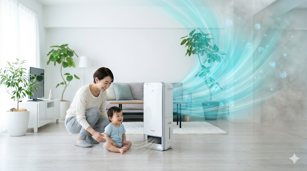 リビングで空気清浄機に見守られながら、澄み切った空気の中で笑顔を浮かべる日本人の親子。