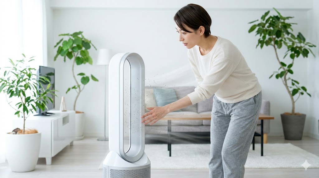 リビングで空気清浄機に手を添え、空気が吸い込まれる様子に関心を持つ日本人の女性。