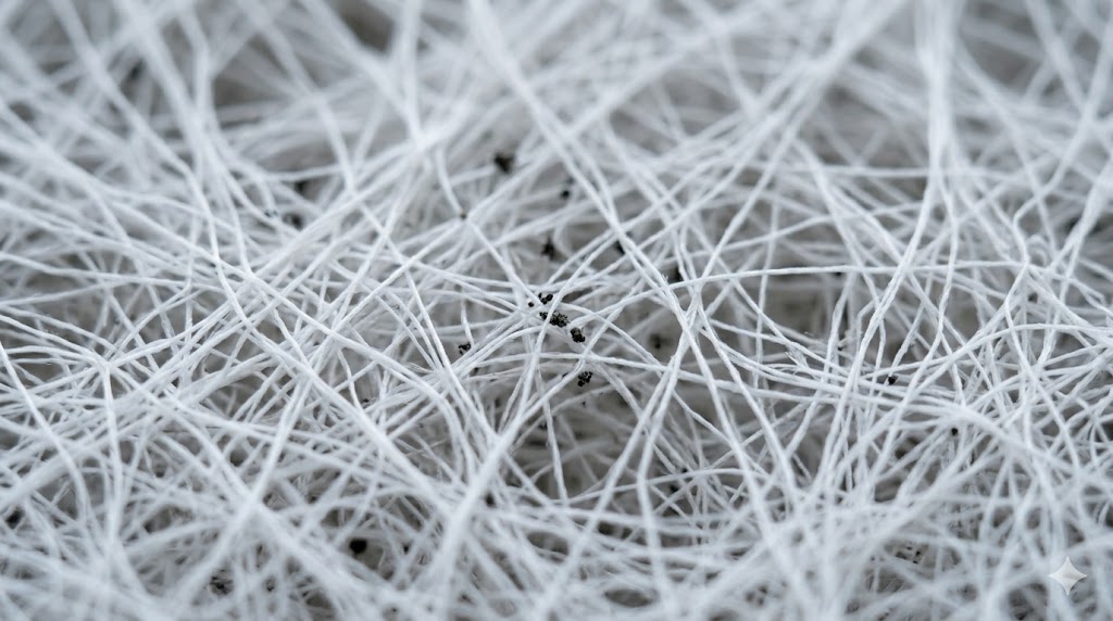 空気清浄機のHEPAフィルターの繊維に捕らえられた微細なほこり粒子の拡大写真。