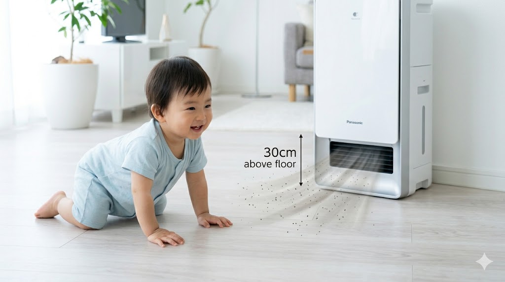 床上30センチのほこりを吸引するパナソニックの空気清浄機と、その近くでハイハイする日本人の赤ちゃん。
