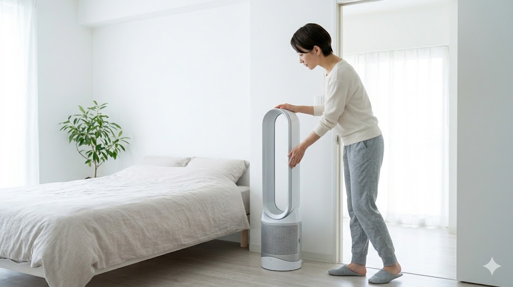 寝室の壁や出入り口から離れた、空気循環の良い場所に空気清浄機を設置する日本人の女性。