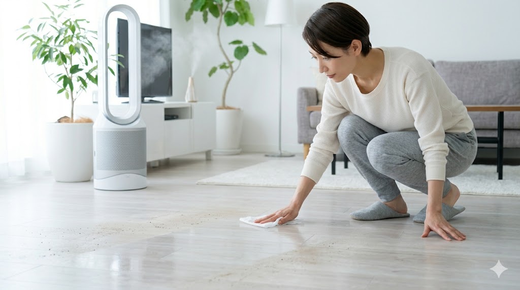 加湿機能付き空気清浄機を運転しつつ、床に落ちたほこりを拭き掃除する日本人の女性。