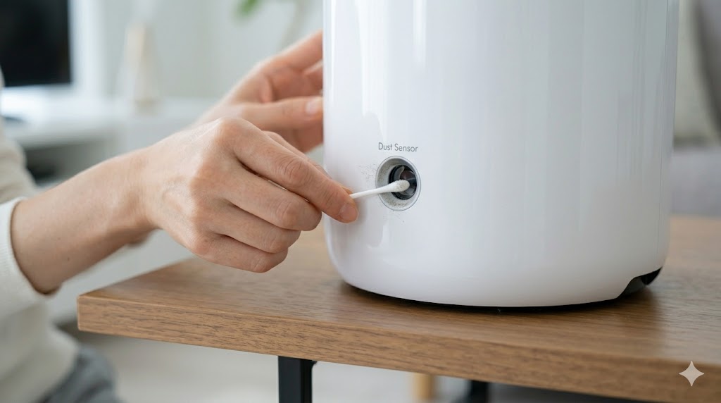 空気清浄機のホコリセンサーを綿棒で優しく掃除する日本人の女性の手元。