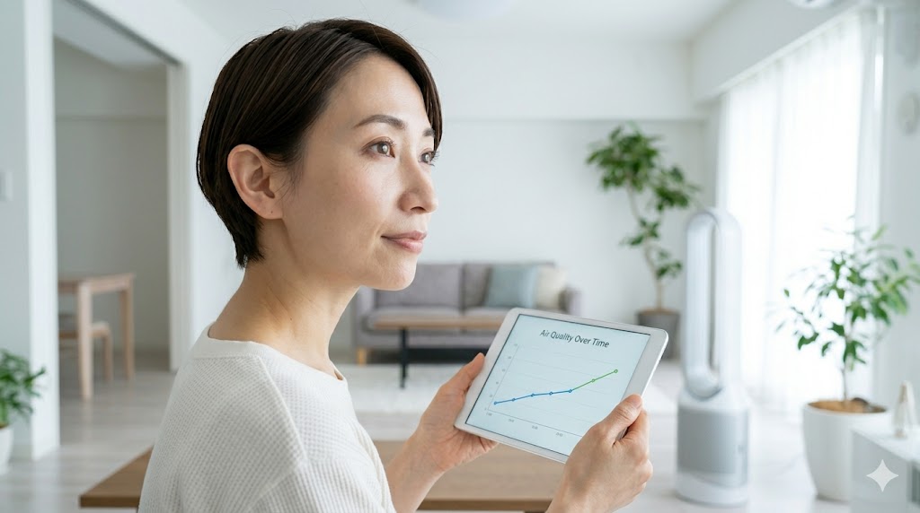 スマホ連携アプリで部屋の空気の汚れ具合を確認し、納得した表情を浮かべる日本人の女性。