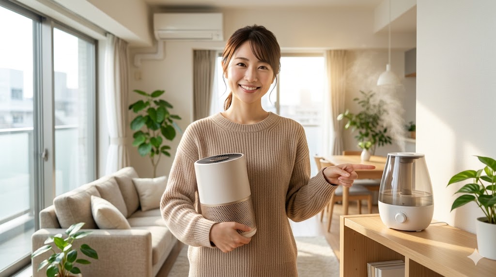 家電ガイド運営者leadが、空気清浄機と加湿器を併用して快適なリビングを作るコツを紹介する。