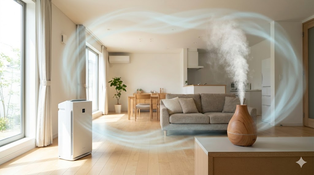 広いリビングで、空気清浄機と加湿器を2メートル離して設置し、効率的な空気の循環を作る配置例。