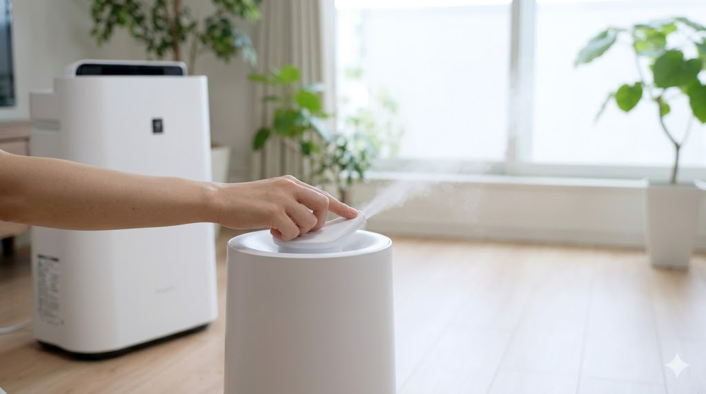 空気清浄機のセンサー誤作動を防ぐため、加湿器の吹き出し口の向きを空気清浄機から離すように調整する女性の手。