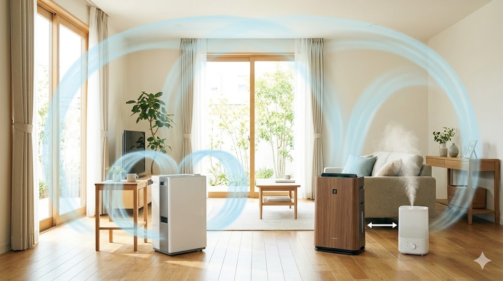 一体型の加湿空気清浄機と、単体の空気清浄機・加湿器を併用する場合の部屋全体の空気循環の違いを比較した図。