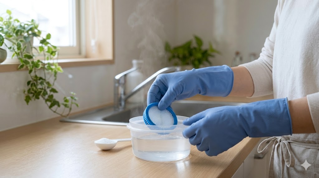 加湿器のフィルターについた硬い汚れを落とすため、クエン酸を溶かしたぬるま湯につけ置き掃除をする女性の手。