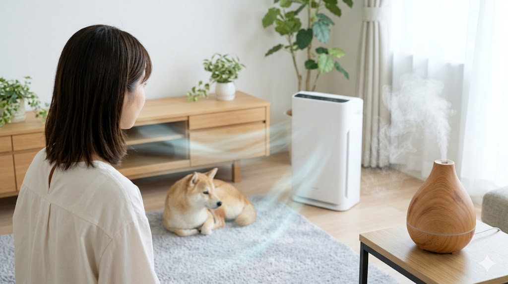 ペットを飼っているリビングで、加湿器と空気清浄機を併用してニオイ分子を抑制し、快適な空気を作る方法。