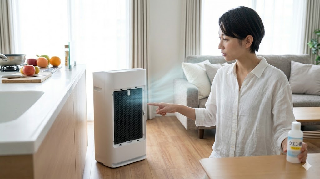 空気清浄機の内部構造と脱臭技術に興味深く触れる日本人の女性（家電ガイド運営者lead）。活性炭、イオン、そしてクエン酸などのメンテナンスアイテムが domestic なリビング/キッチンに配置されたアイキャッチ画像。