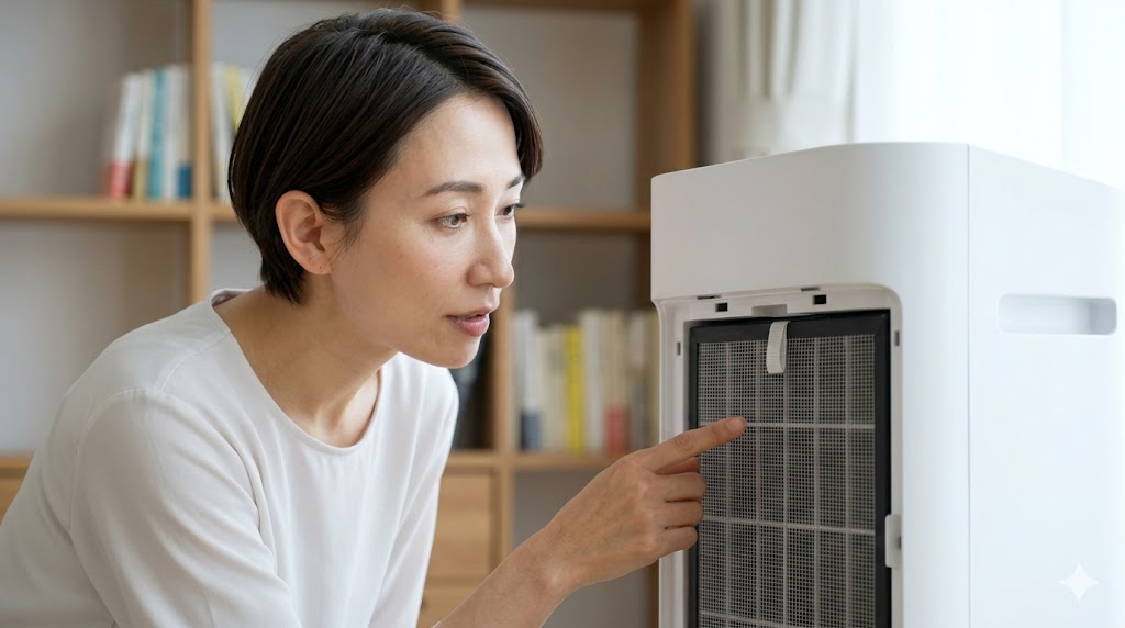 空気清浄機のフィルター構造を興味深く観察する日本人の家電ガイド運営者lead。脱臭の仕組みを視覚的に表現。