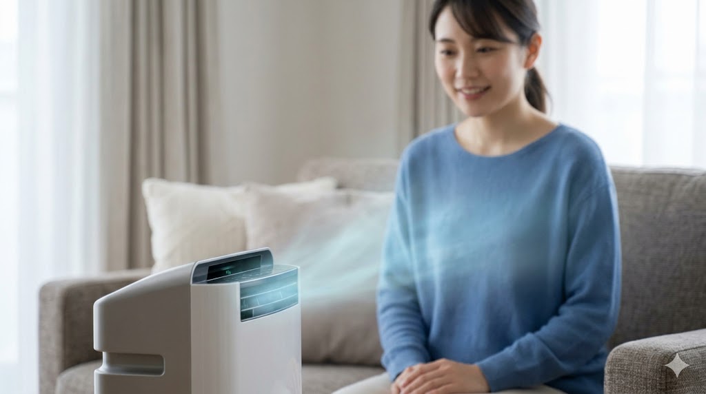 リビングで放出型イオン技術（プラズマクラスター/ナノイーなど）の空気を浴びる日本人の女性。付着臭対策を視覚化。