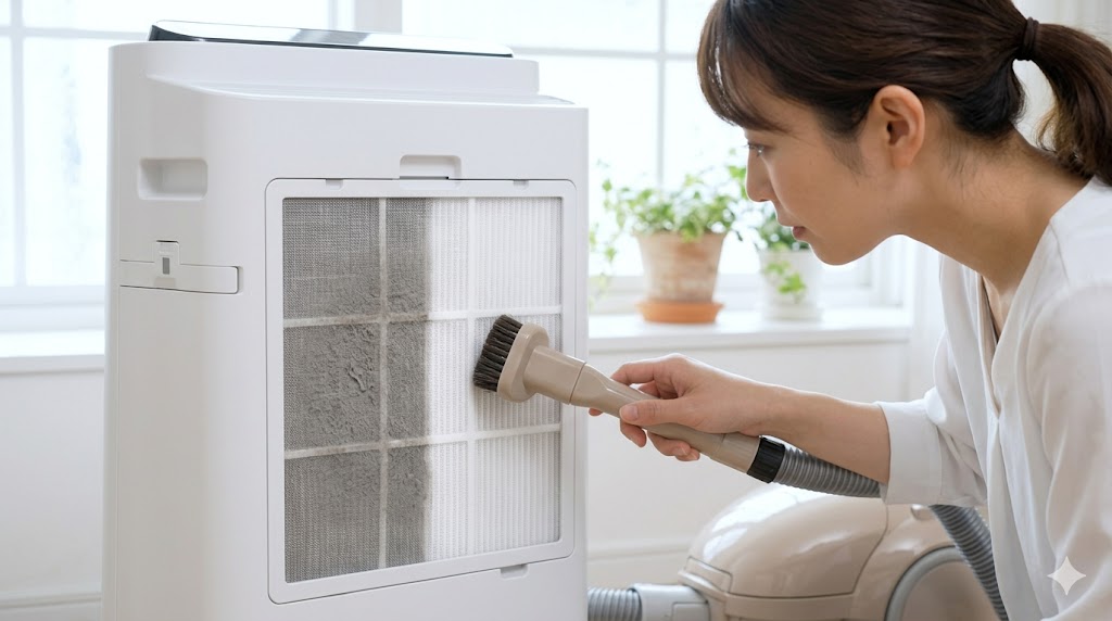 空気清浄機のプレフィルターに溜まったホコリを掃除機で吸い取る日本人の女性。メンテナンスの重要性を伝える。