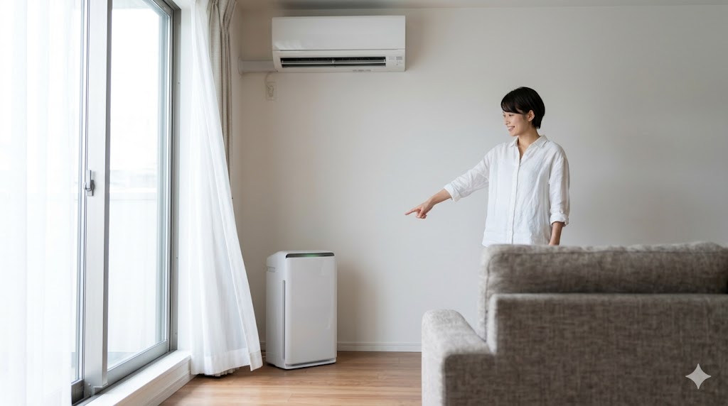リビングでエアコンの対面に空気清浄機を設置し、効果的な空気の通り道（気流）を作る日本人の女性。脱臭効率を最大化。