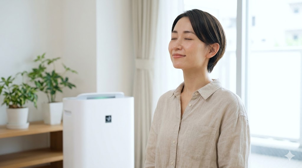 空気清浄機が稼働するリビングで、深呼吸をして心地よい無臭空間を実感する日本人の女性。快適な環境作りを視覚化。
