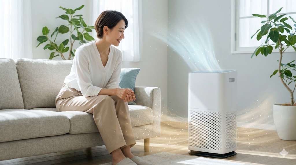 リビングでリラックスする日本人女性と、ホコリを吸引して空気をきれいにする24時間稼働の空気清浄機。