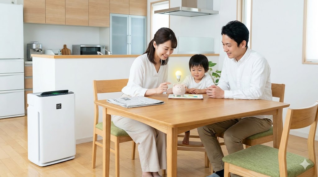 省エネ性能の高い空気清浄機（DCモーター搭載）と、タブレットで低電気代について確認し安心する日本人家族。