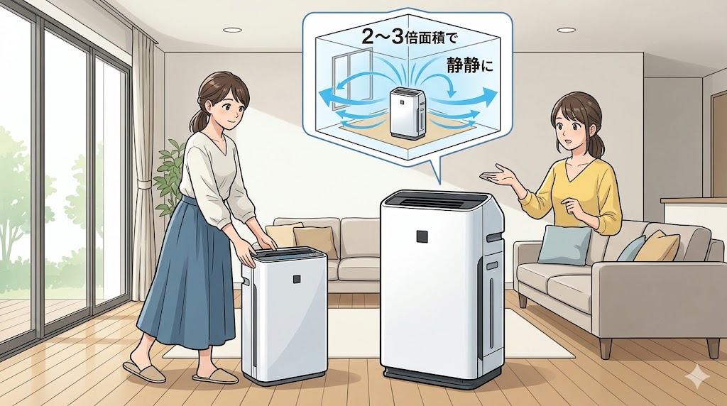 広いリビングで、適用畳数の大きい空気清浄機（20畳用以上）の効果範囲を確認し、「大は小を兼ねる」のメリットを実感する日本人女性。