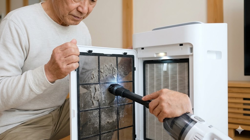 プレフィルターの綿ボコリをハンディ掃除機で丁寧に吸い取る日本人男性の手元。空気清浄機のメンテナンス。