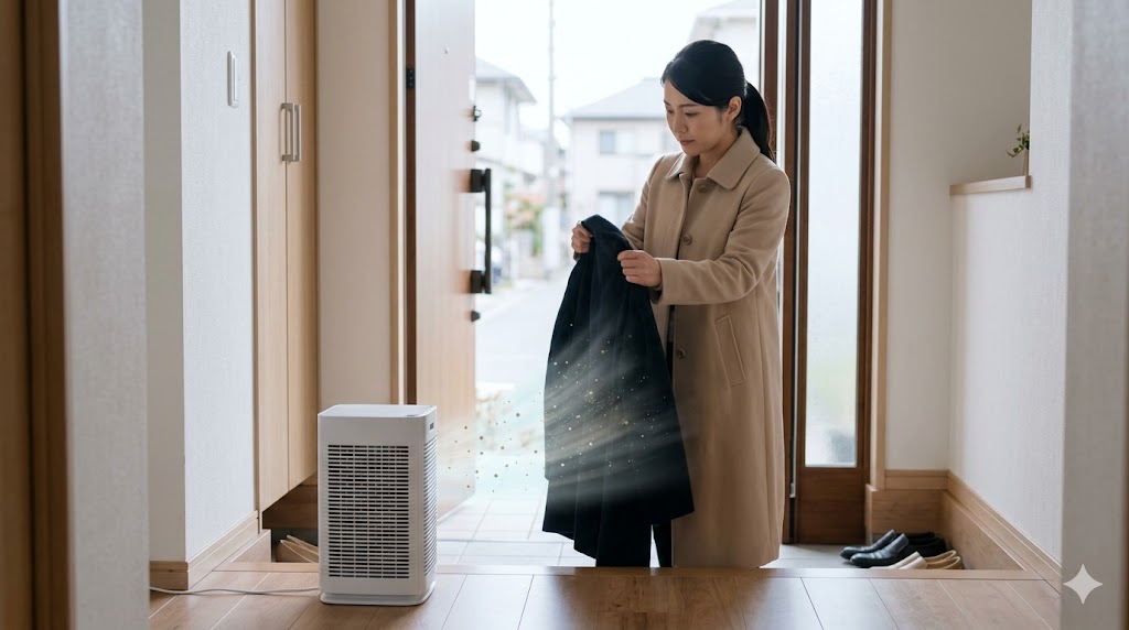 玄関で帰宅時にコートの花粉を空気清浄機の前で払う日本人女性。花粉症対策の水際作戦。