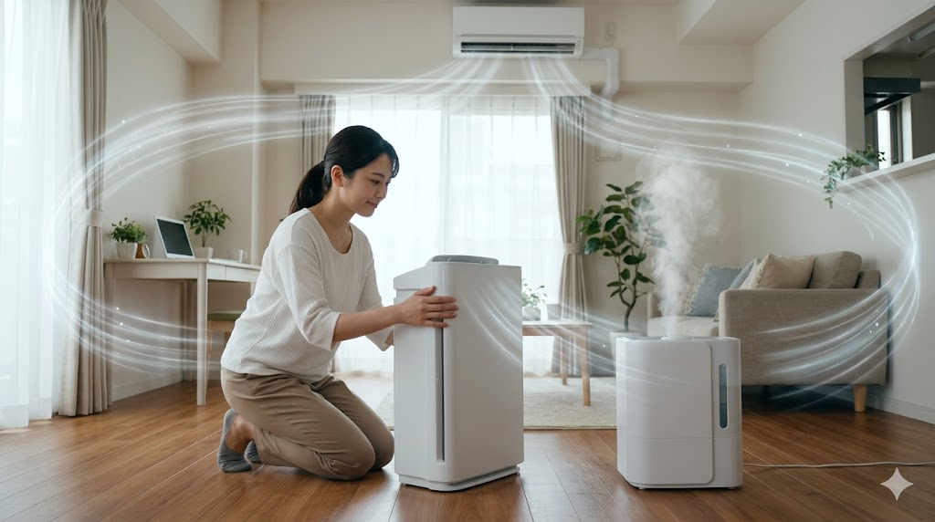リビングで加湿器から離れた場所に空気清浄機を設置し、エアコンの気流を利用して部屋全体の空気を循環させる日本人女性。適切な置き場所。
