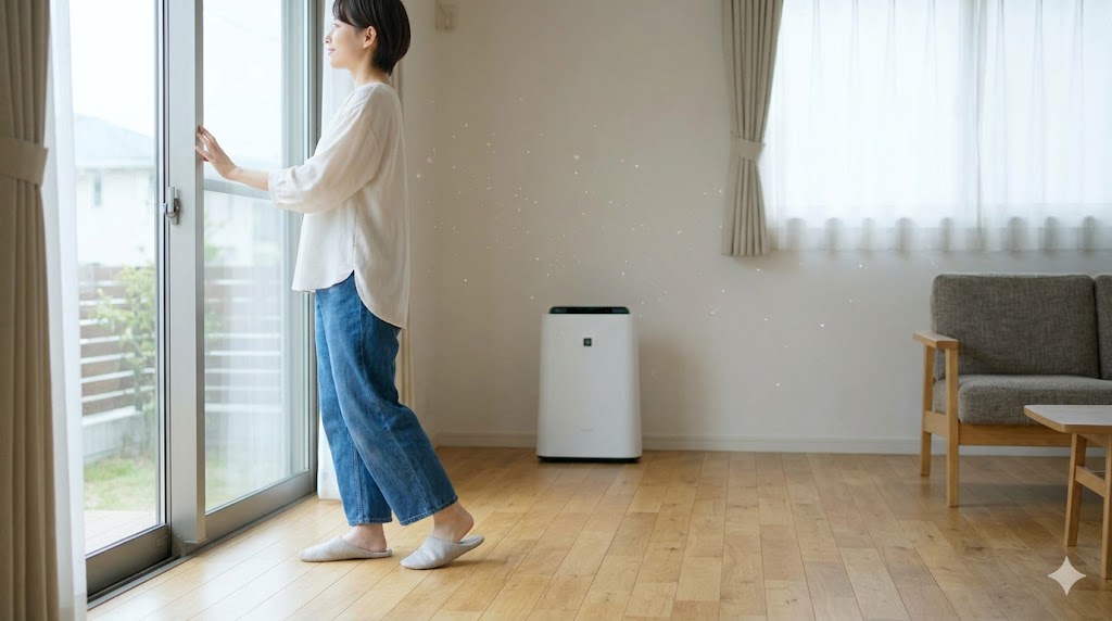 空気清浄機が稼働する明るい日本のリビングで、窓を開けて換気をする女性。窓から入る新鮮な空気と、室内の空気が入れ替わる様子を描写した、アスペクト比16:9の横長画像。