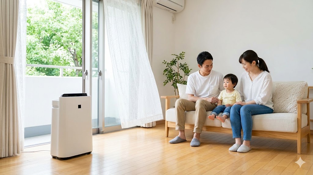 空気清浄機が稼働する清潔な木造リビングで、わずかに開いたバルコニー窓からの風を受け、くつろぐアジア人の家族。快適で健康的な室内環境を想起させる、アスペクト比16:9の横長画像。
