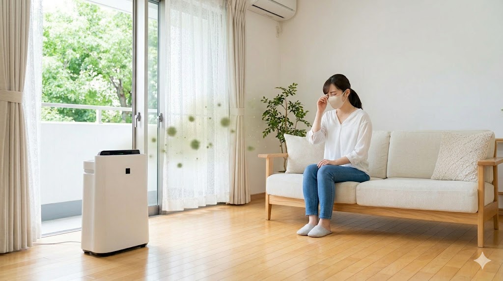 花粉シーズンにマスク姿で慎重に窓を開けるアジア人の女性。空気清浄機が稼働する室内で、レースカーテンを閉めて花粉の侵入を抑える様子を描写した、アスペクト比16:9の横長画像。