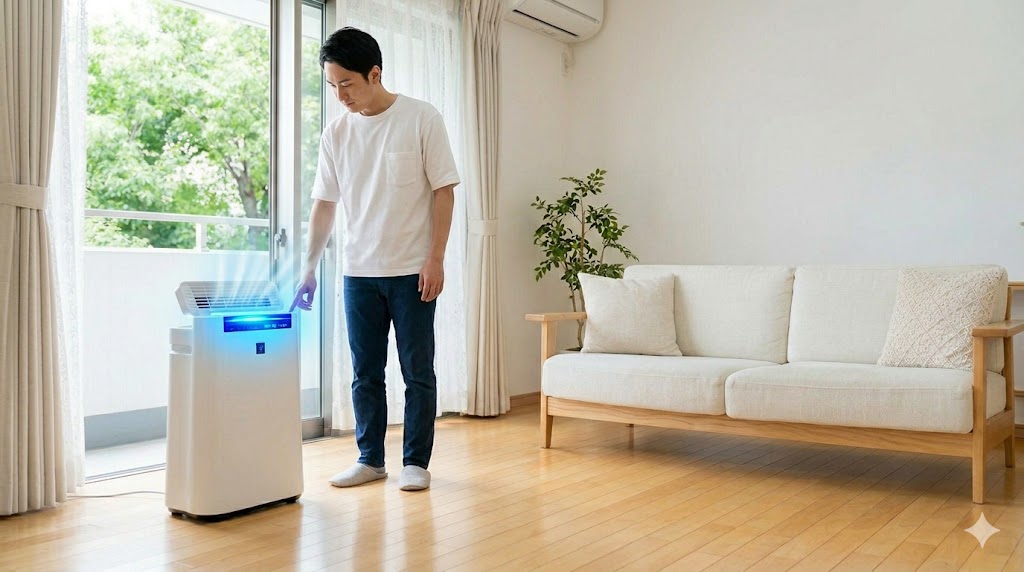 窓が閉まった明るい日本のリビングで、空気清浄機のコントロールパネルを「強」または「ターボ」モードに設定するアジア人の男性。強力な運転で室内の花粉やホコリを急速に除去する様子を描写した、アスペクト比16:9の横長画像。