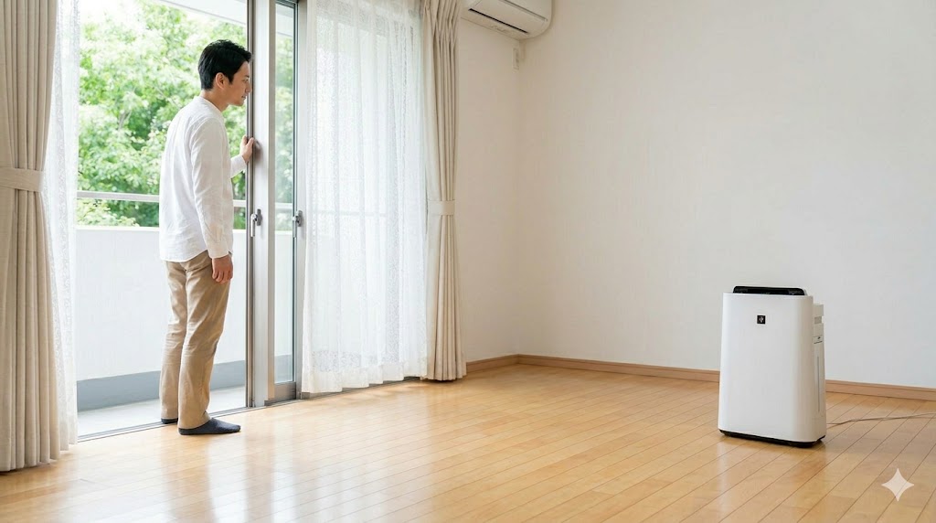 明るい日本のリビングで、わずかに開いた窓の正面の隅に配置された、稼働中の空気清浄機。窓から入る外気の気流を利用して集じん効率を高める、アスペクト比16:9の横長画像。