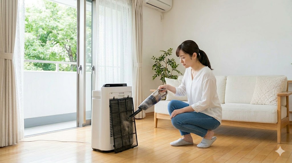 明るい日本のリビングで、空気清浄機の背面プレフィルターをハンディ掃除機で丁寧に掃除するアジア人の女性。フィルターの目詰まりを防ぎ、寿命を延ばすお手入れの様子を描写した、アスペクト比16:9の横長画像。