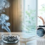 薄暗い部屋に充満するタバコの煙と灰皿に、戸惑う表情の女性と稼働する空気清浄機のコントラスト。