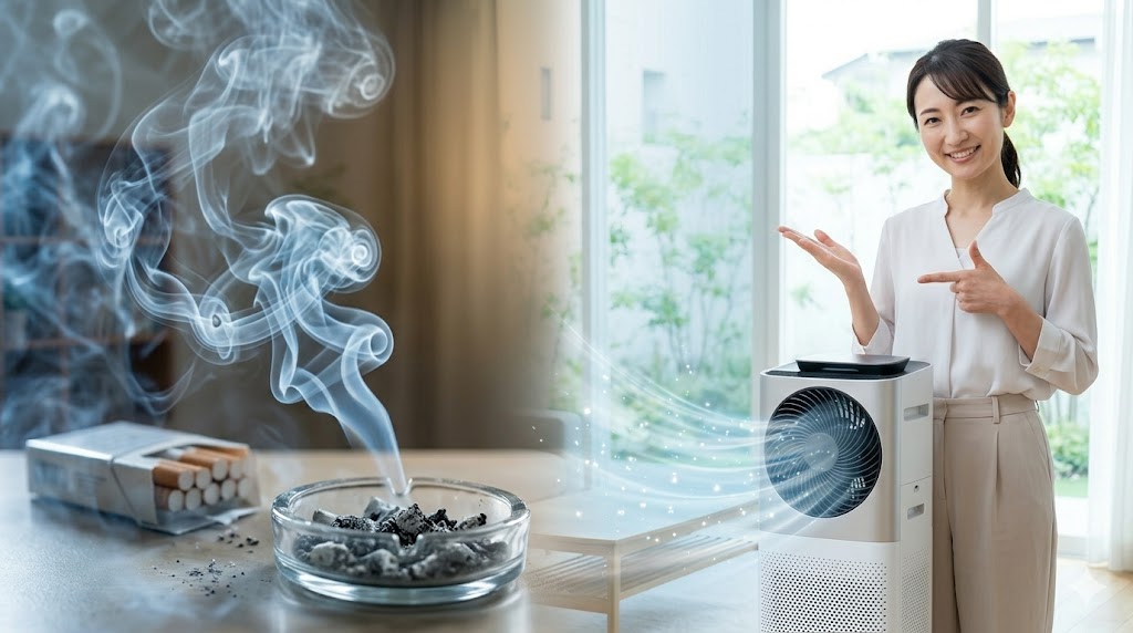 薄暗い部屋に充満するタバコの煙と灰皿に、戸惑う表情の女性と稼働する空気清浄機のコントラスト。