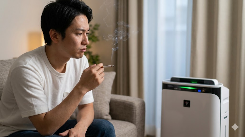 リビングでタバコを吸う男性と、稼働しているが効果に疑問を持つ表情の空気清浄機。