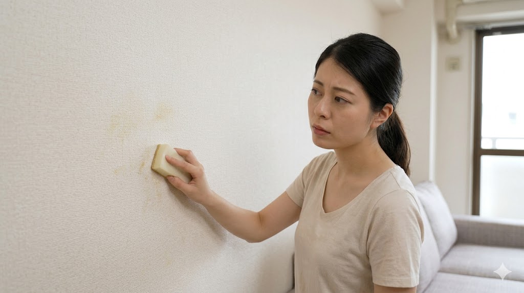 賃貸物件の壁紙に付着したタバコのヤニ汚れを心配そうに拭き取る日本人女性。