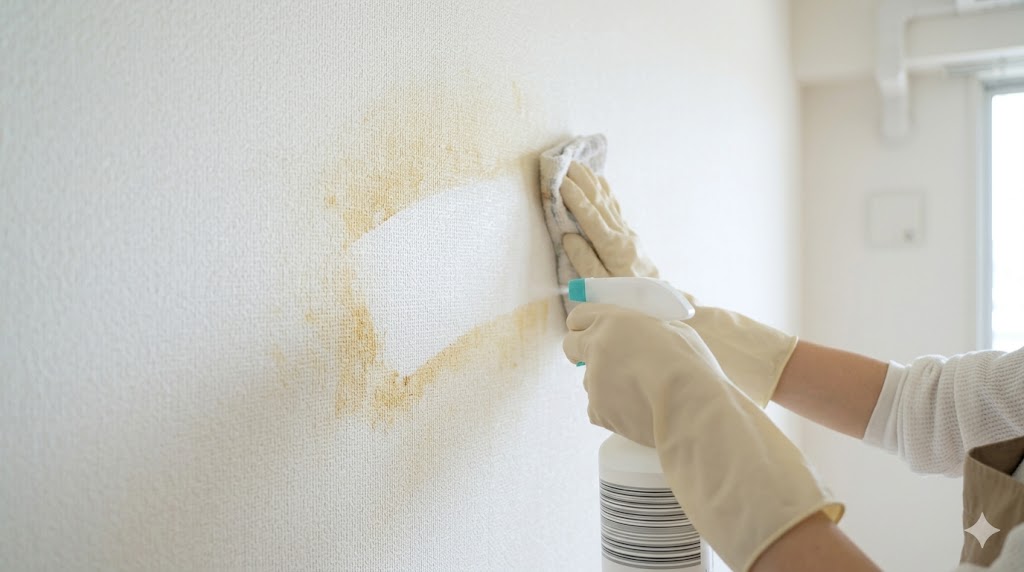 セスキ炭酸ソーダのスプレーを使って、壁紙に付着したタバコのヤニ汚れを掃除する様子。