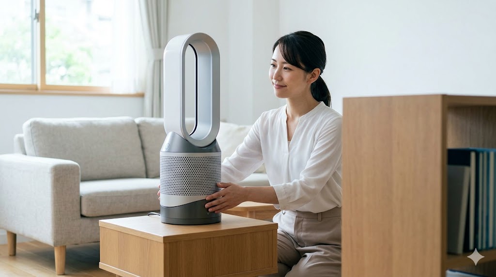 リビングの卓上に置かれた空気清浄機が、上昇するタバコの煙を効率よく吸い込む様子。