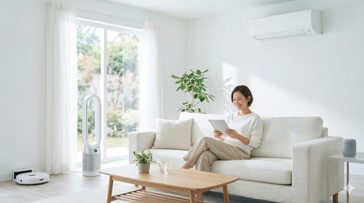 白を基調とした清潔なリビングで、家電を活用し快適に過ごす様子