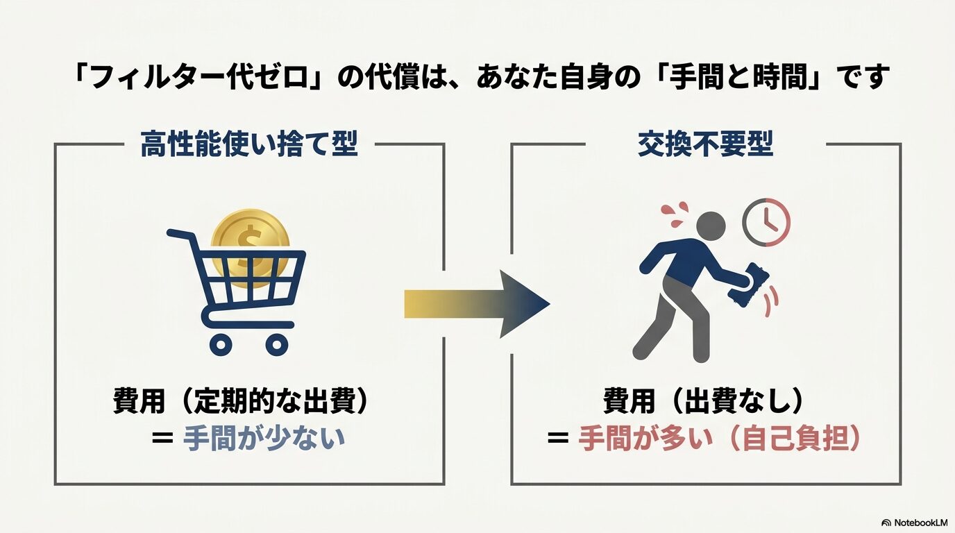 高性能使い捨て型（費用はかかるが手間が少ない）と、交換不要型（費用はかからないが自己負担の手間が多い）を比較し、フィルター代ゼロの代償を解説した図解